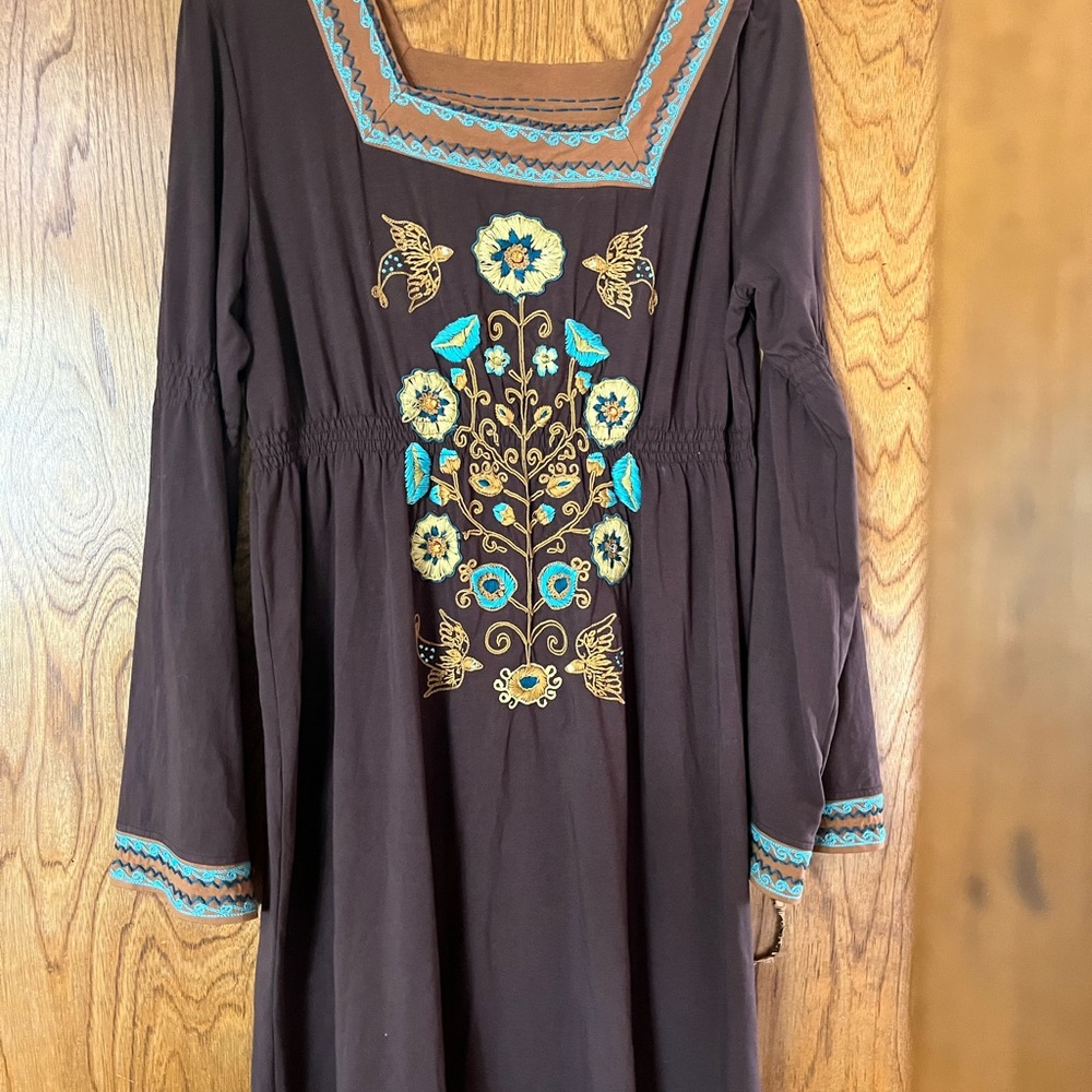 Double D Ranch Brown Dress with Bishop Sleeves and Square Neck